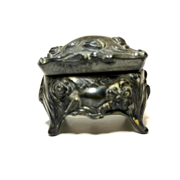 Antique Silver Tone Small Jewelry Trinket Box Casket Hinged Lid Footed Lined - Picture 2 of 9